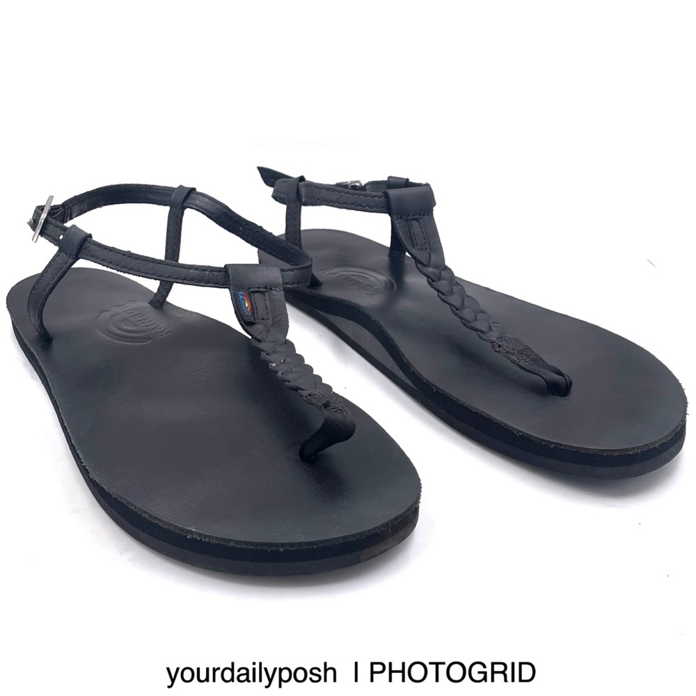 Rainbow black leather T-Street t-strap flat sandals US women’s size Large